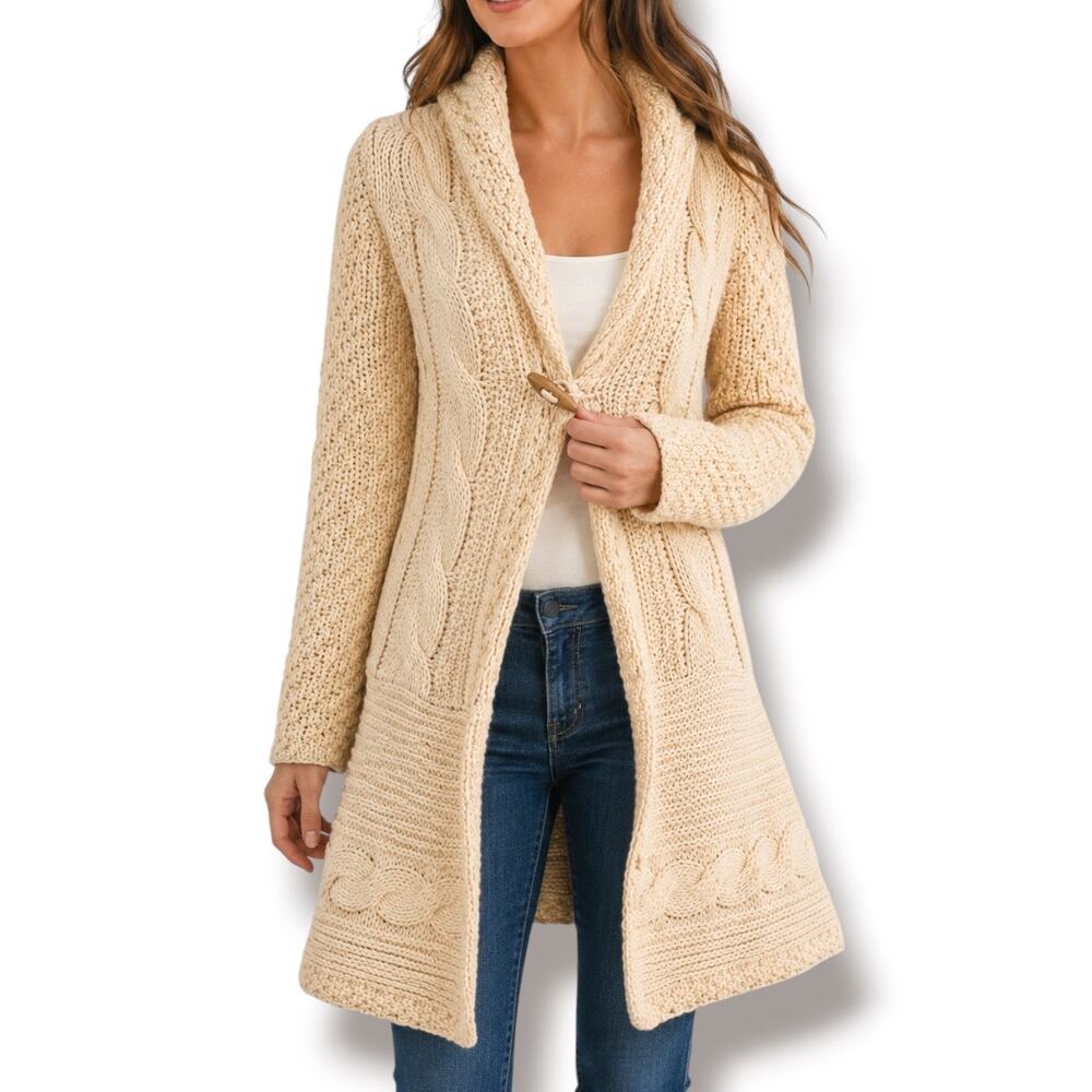Bebe Beige Chunky Knit Longline Cardigan Sweater Shawl Collar Toggle Closure